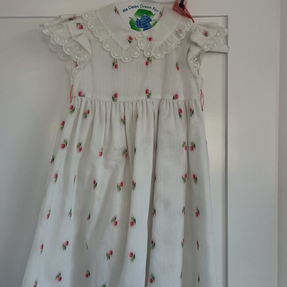 Vintage Girls Dress White with pink flowers ruffle collar details